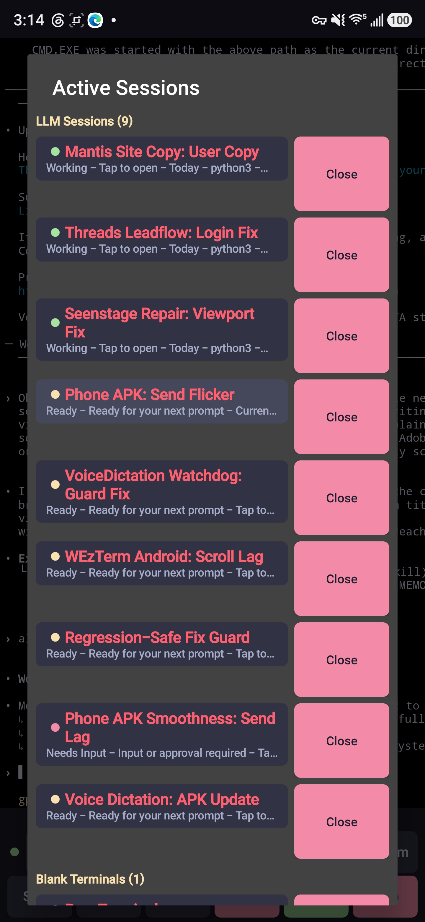 Hybrid Mantis Active Sessions screen on Android showing live software projects