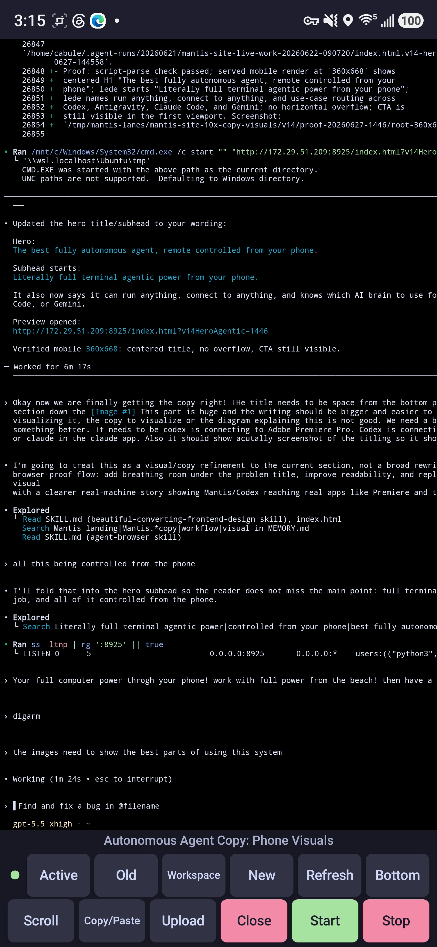 Hybrid Mantis Android terminal screen with live output and session controls