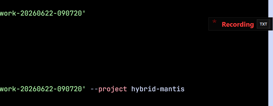 Real Hybrid Mantis terminal with the hybrid-mantis project active while VoiceDictation records