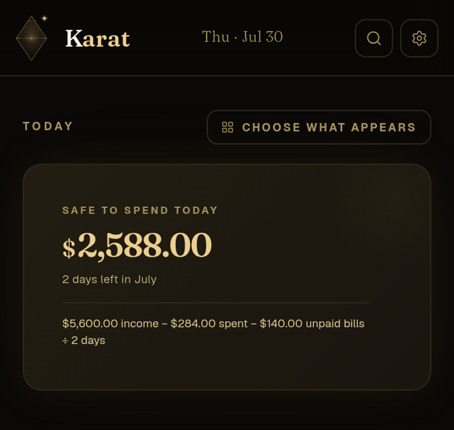 Real Karat screen showing the Safe to Spend number and the calculation behind it
