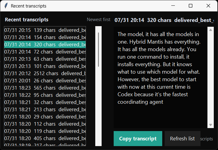 Real VoiceDictation Recent transcripts window with dated transcript history and copy controls