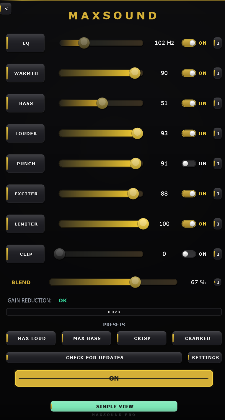 MAXSOUND Advanced View - 8 processing stages with EQ, Warmth, Bass, Louder, Punch, Exciter, Limiter, Clip controls and presets