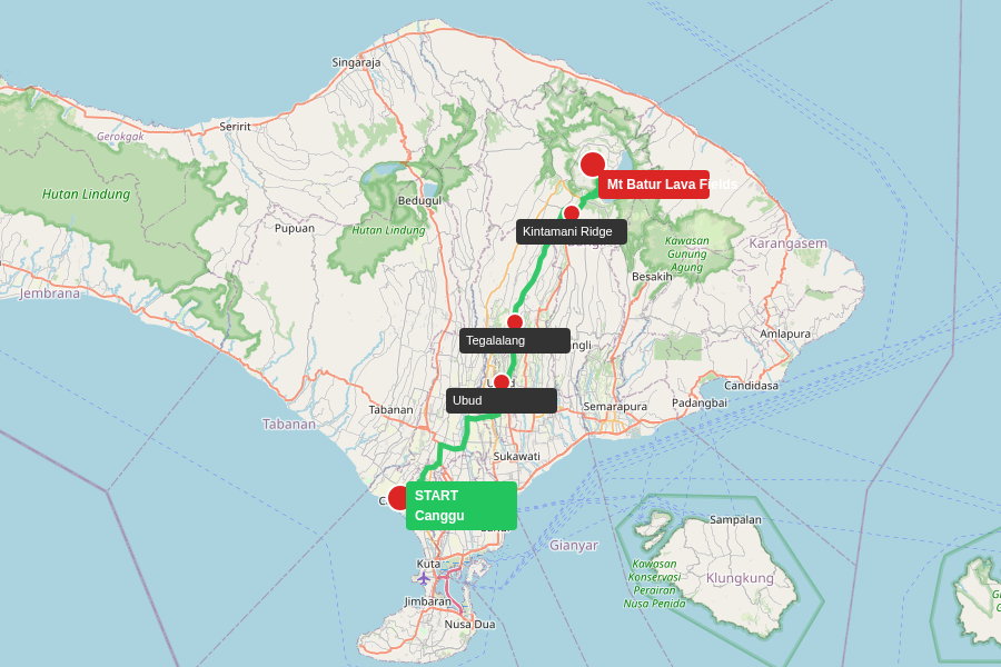 Route map from Canggu to Mount Batur Black Lava