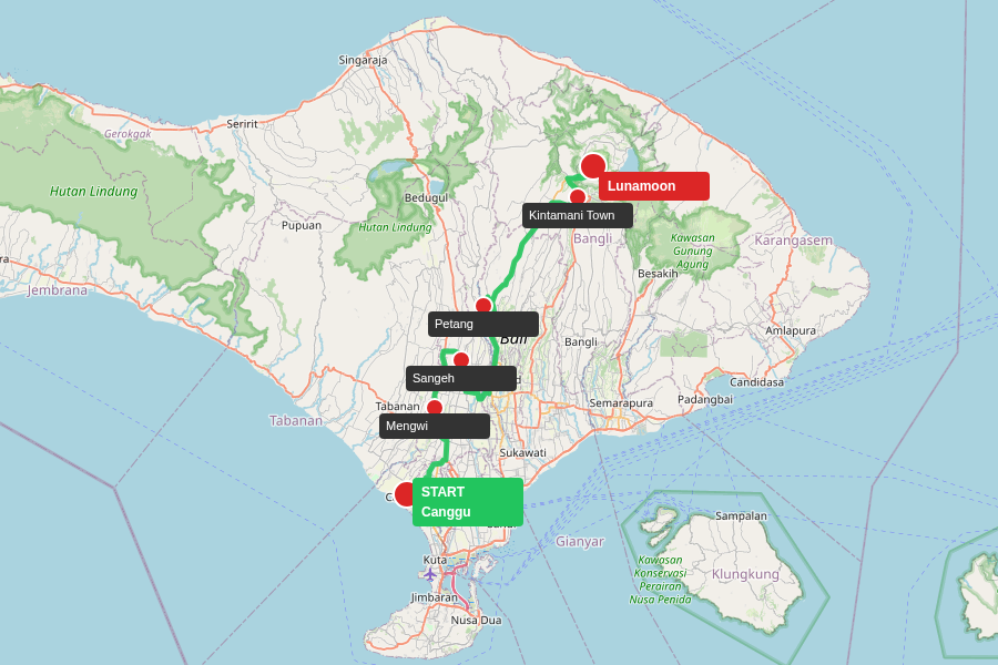 Route map from Canggu to Kintamani Lunamoon
