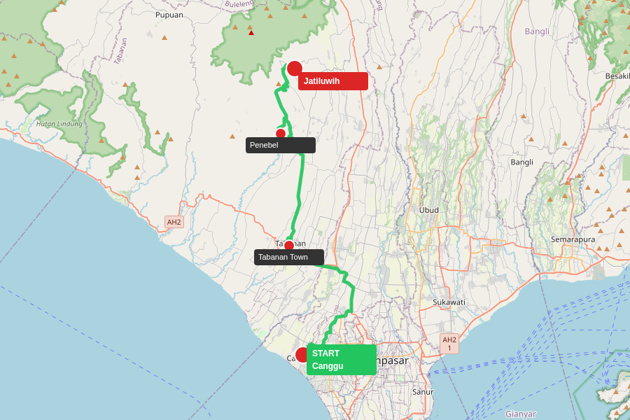 Route map from Canggu to Jatiluwih Rice Terraces
