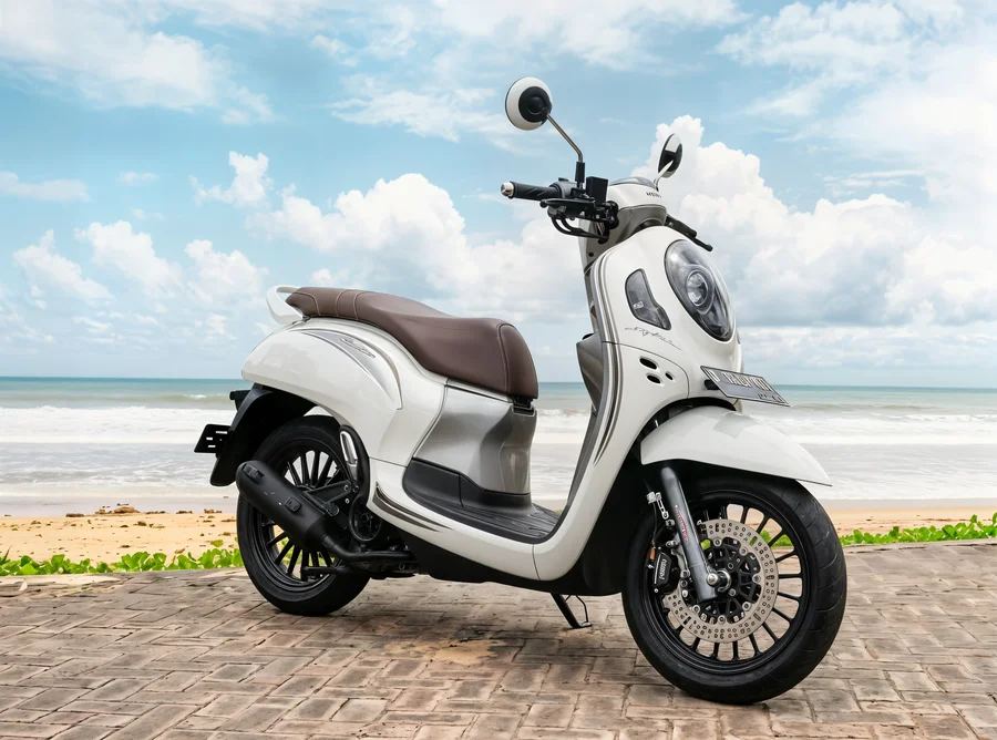 Červenobílý automatický motorový skútr Honda Scoopy110 generace 2020 s oválným světlometem, zaoblenými panely a hnědým sedadlem