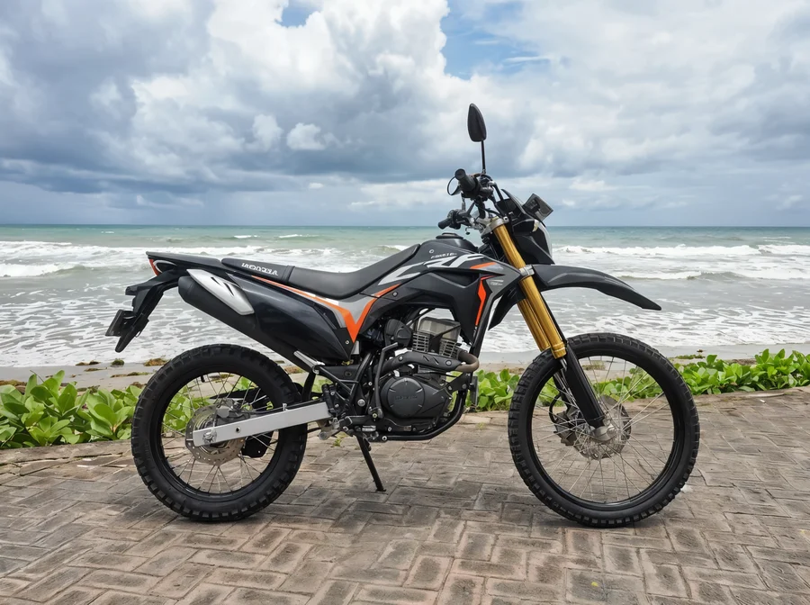 Red Honda CRF150L lightweight dual-sport motorcycle with tall suspension, spoked wheels and trail-oriented tyres