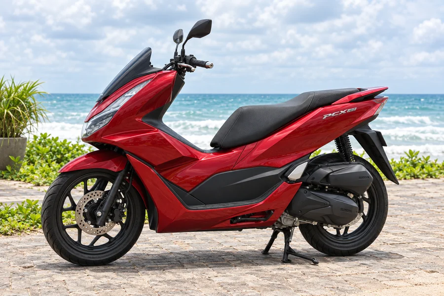 Rød Honda PCX160, forfra-venstre, ved havet