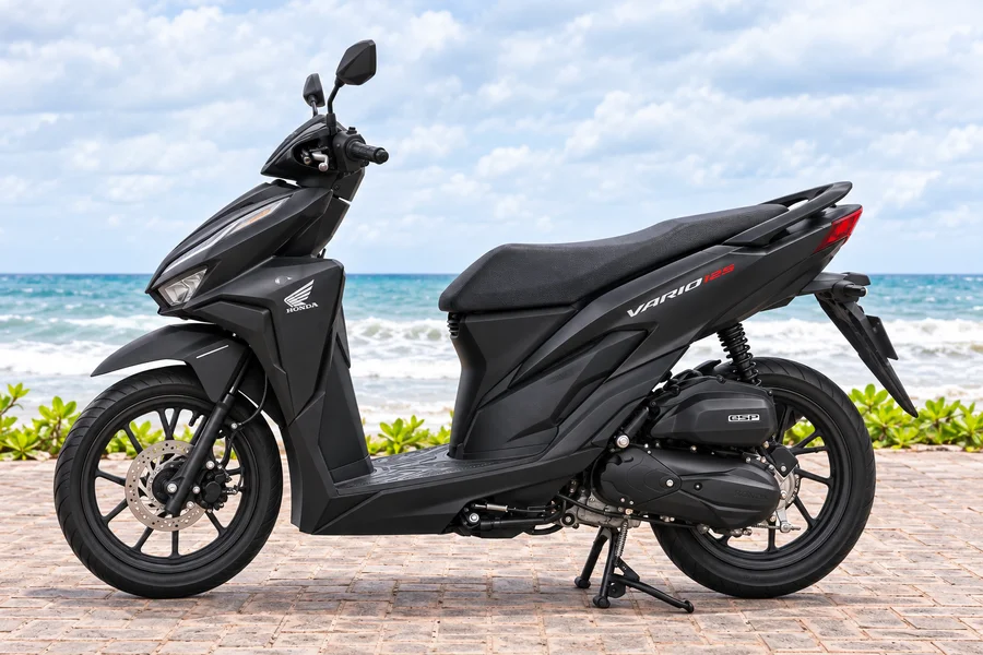 Matně černý Honda Vario125, pohled zepředu vlevo, vedle oceánu