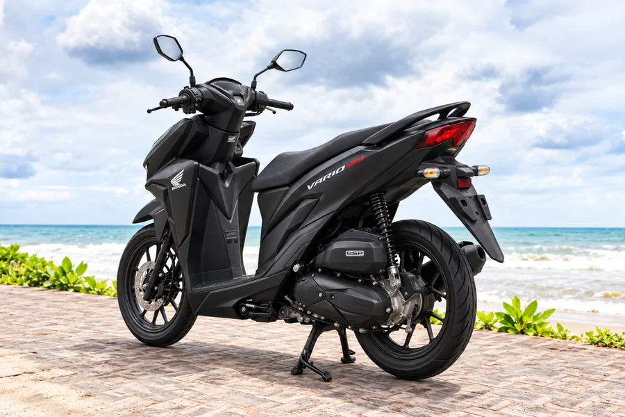 Matně černý Honda Vario125, pohled zepředu vlevo, vedle oceánu