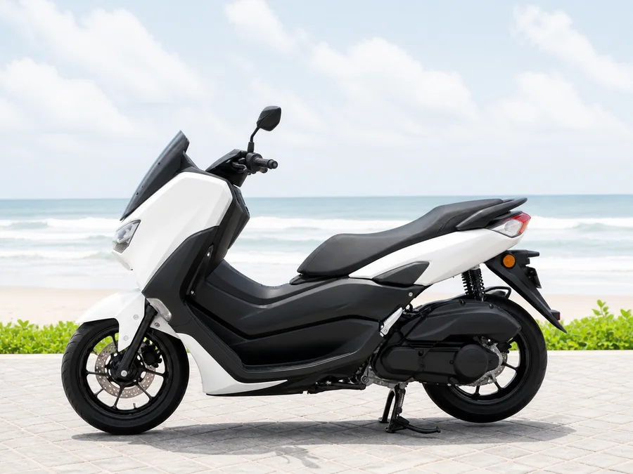 First-generation Yamaha NMAX155 road scooter with windscreen, broad body and wide two-level seat