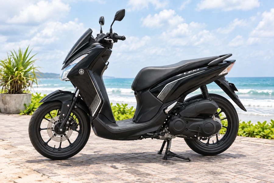 Black Yamaha Lexi 125, front angled view