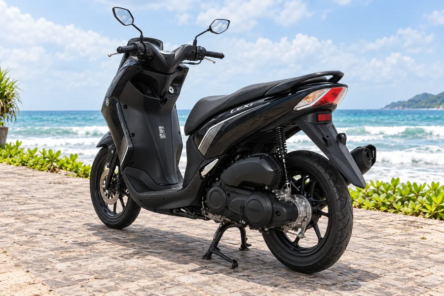 Black Yamaha Lexi 125, front angled view