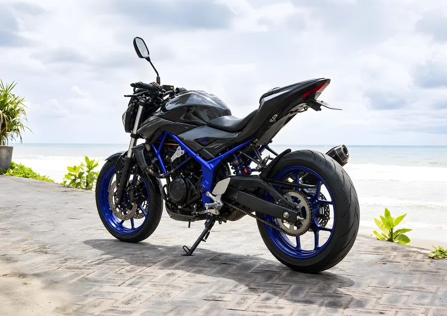 Black and blue Yamaha MT-25 V1 upright 250cc naked motorcycle with exposed parallel-twin engine