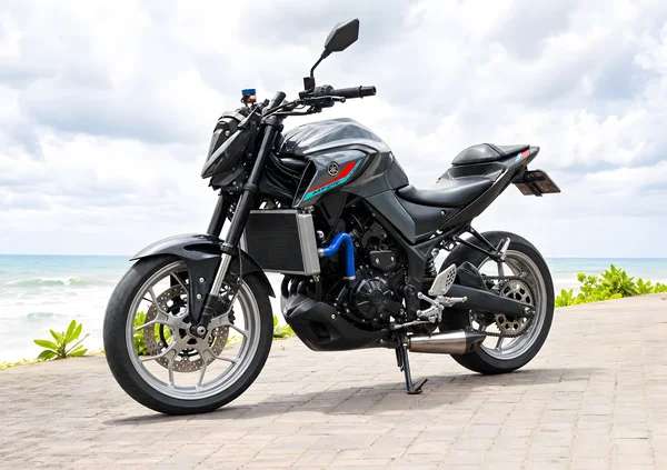 دراجة نارية Yamaha MT-25 V2 فضية اللون 250cc عارية مع كشاف أمامي لجهاز العرض ومحرك مكشوف