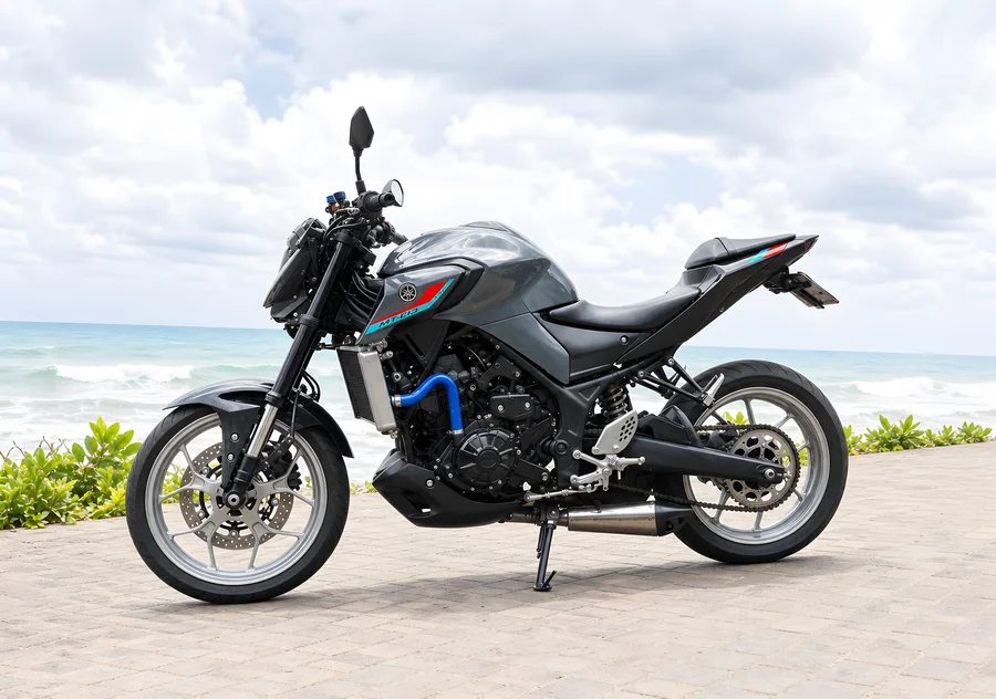 Stříbrný vzpřímený motocykl Yamaha MT-25 V2cc nahý s projektorovým světlometem a odhaleným motorem (250).