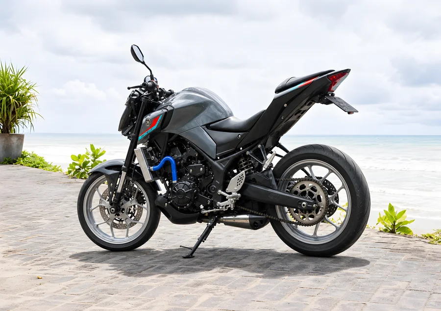 Stříbrný vzpřímený motocykl Yamaha MT-25 V2cc nahý s projektorovým světlometem a odhaleným motorem (250).