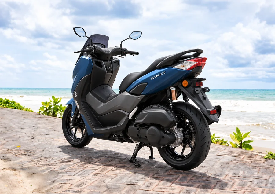 Blue second-generation Yamaha NMAX155, front-left view, beside the ocean