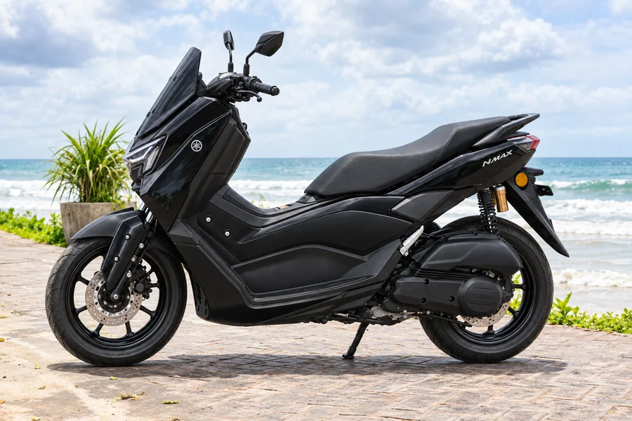 Černý Yamaha NMAX155 Neo, pohled zepředu zleva, u oceánu