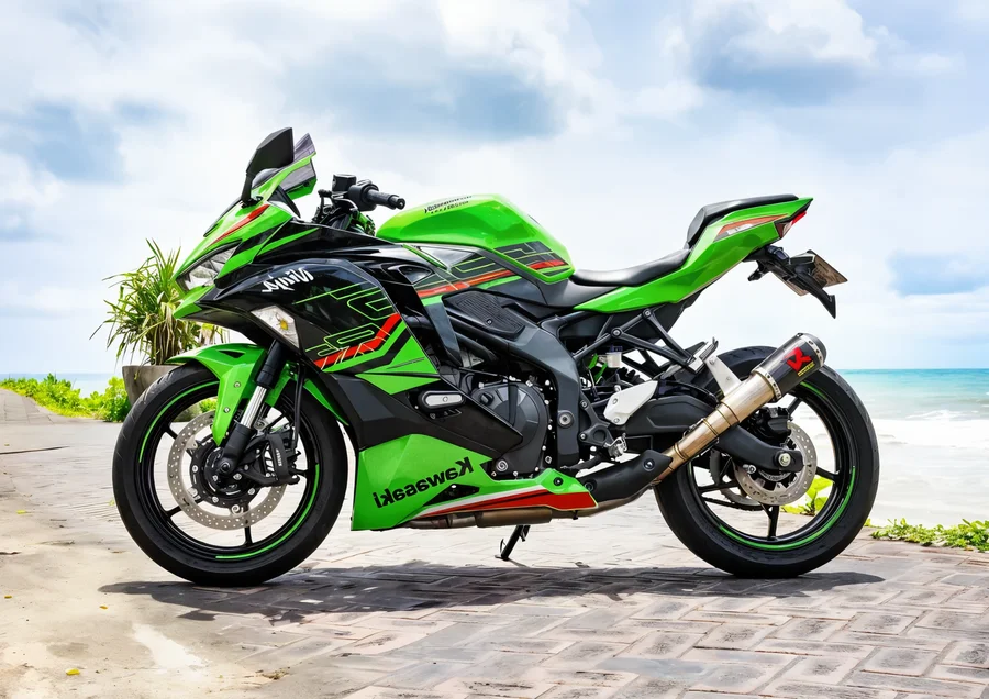 Green Kawasaki Ninja ZX-25R 250cc inline-four sport bike with full fairings and green wheels