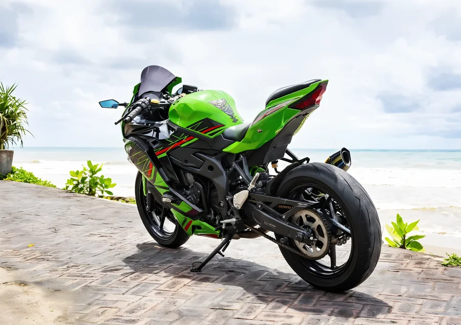 Green Kawasaki Ninja ZX-25R 250cc inline-four sport bike with full fairings and green wheels
