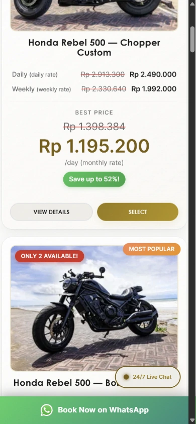 Erebora motorcycle selection and rental pricing on mobile