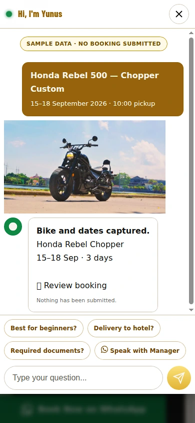 Sample EREBORA conversation showing a chosen motorcycle and rental dates before review