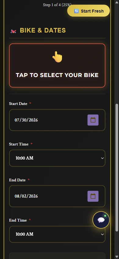 Erebora motorcycle booking date and time selection on mobile