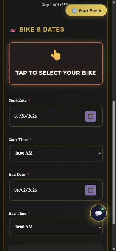 Erebora motorcycle booking date and time selection on mobile