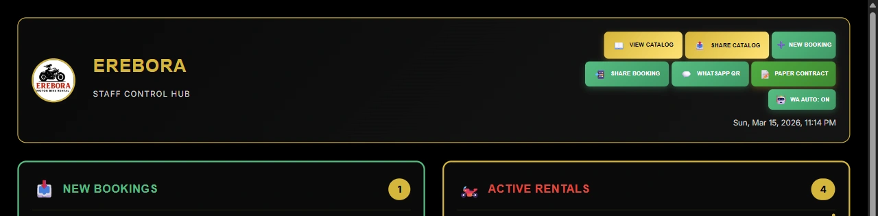Real Erebora Staff Control Hub header with catalog, booking, WhatsApp, contract, new-booking, and active-rental controls