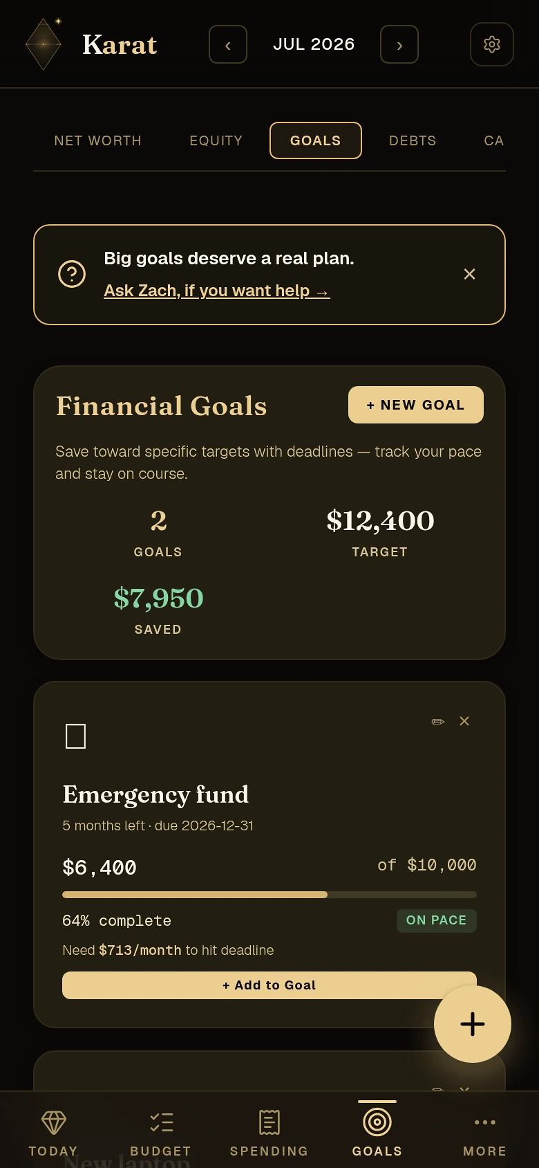 Karat goals screen showing sample savings targets and progress
