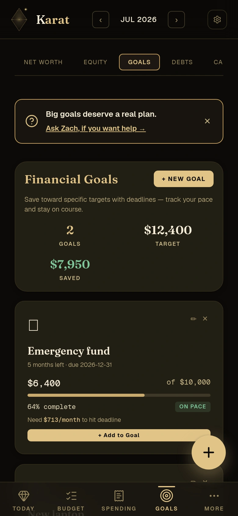 Karat goals screen showing sample savings targets and progress