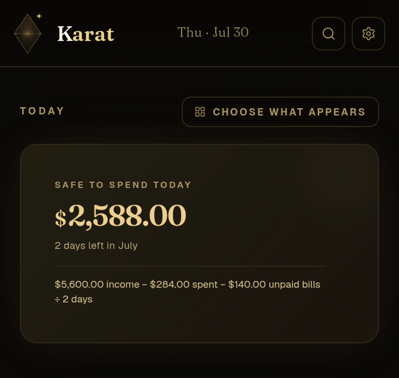 Real Karat Today screen showing a large Safe to Spend number and the calculation behind it