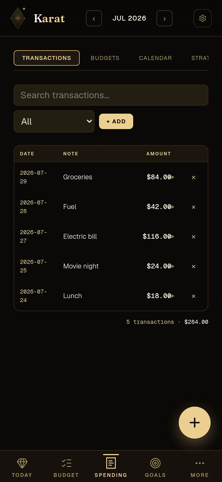 Karat spending screen showing sample transactions