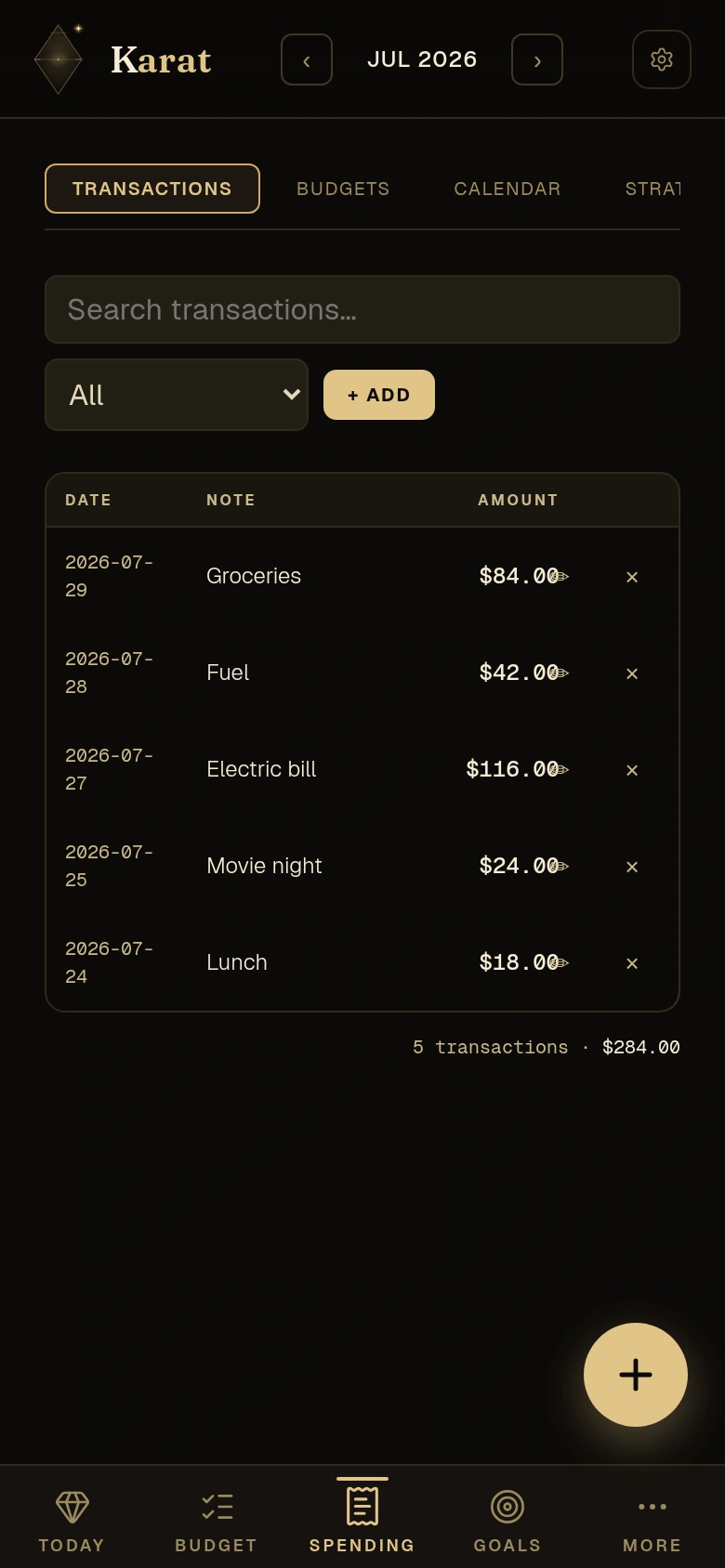 Karat spending screen showing sample transactions