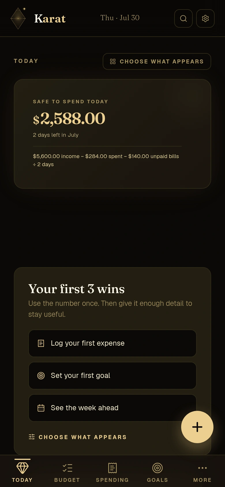 Karat Today screen showing a Safe to Spend estimate from sample financial data