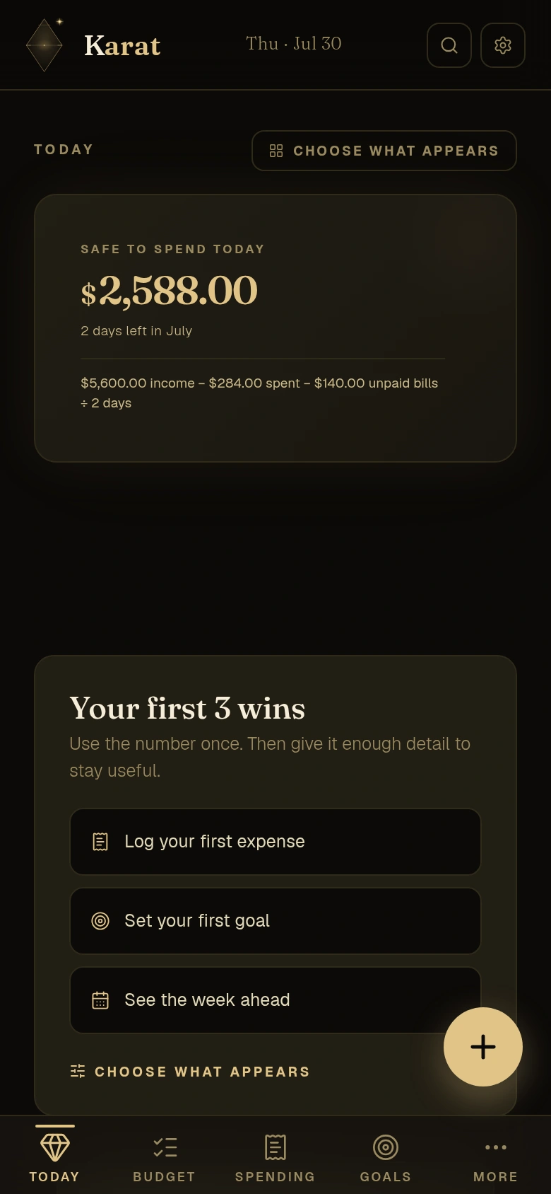 Karat Today screen showing a Safe to Spend estimate from sample financial data