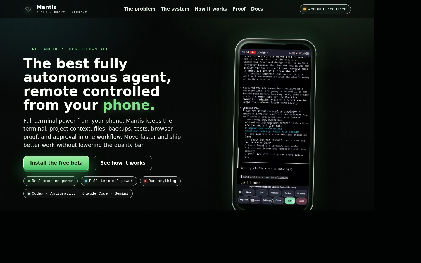Hybrid Mantis public website showing the Android-controlled software build system