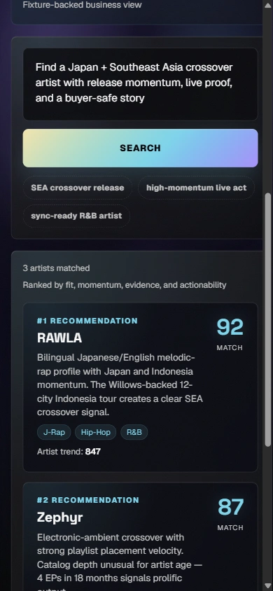 Seenstage Matchmaker sample shortlist on mobile