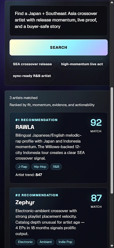 Seenstage Matchmaker sample shortlist on mobile