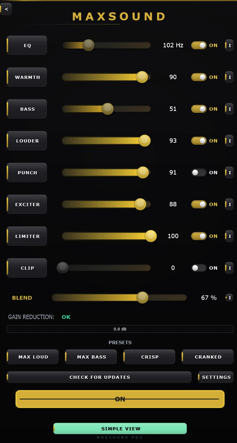 MaxSound Advanced View with eight processing stages, blend control, presets, and the main Windows-wide switch