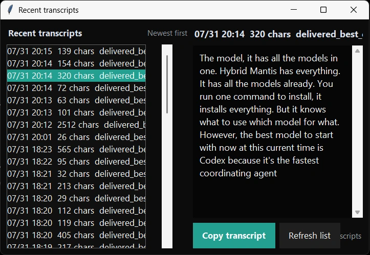 Real VoiceDictation Recent transcripts window with dated transcript history and copy controls
