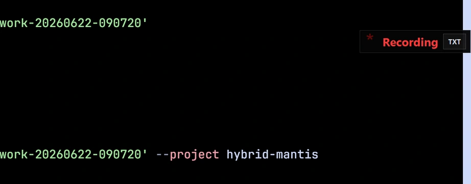 Real VoiceDictation recording indicator beside the live hybrid-mantis terminal project