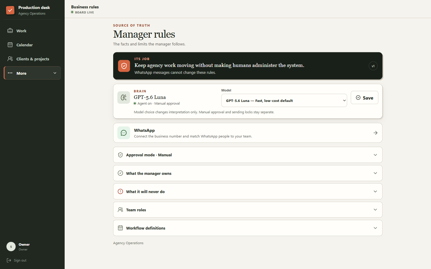 Real Business Ops manager rules screen showing WhatsApp connection, manual approval, sending locks, roles, and workflow definitions