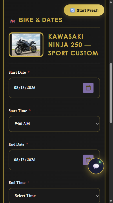 Real EREBORA booking form with the Kawasaki Ninja 250 selected and its photo visible
