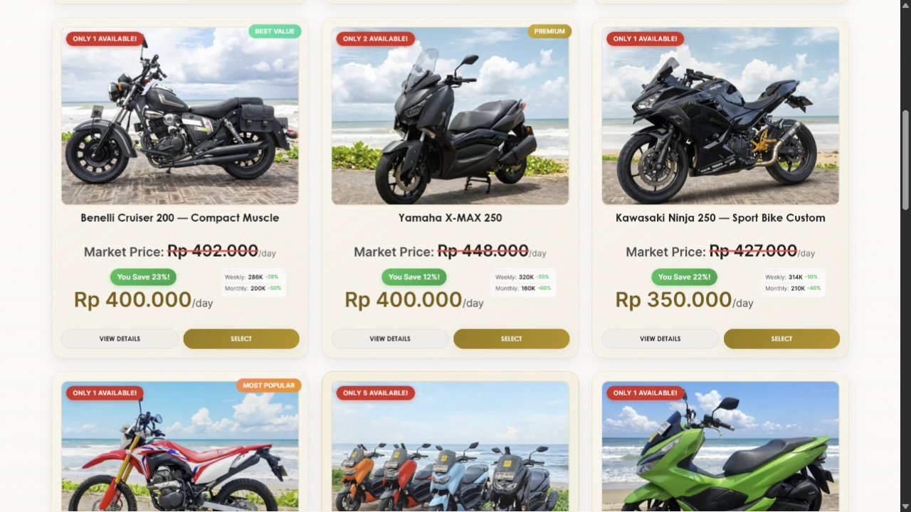 EREBORA motorcycle catalog showing current bikes, prices and availability