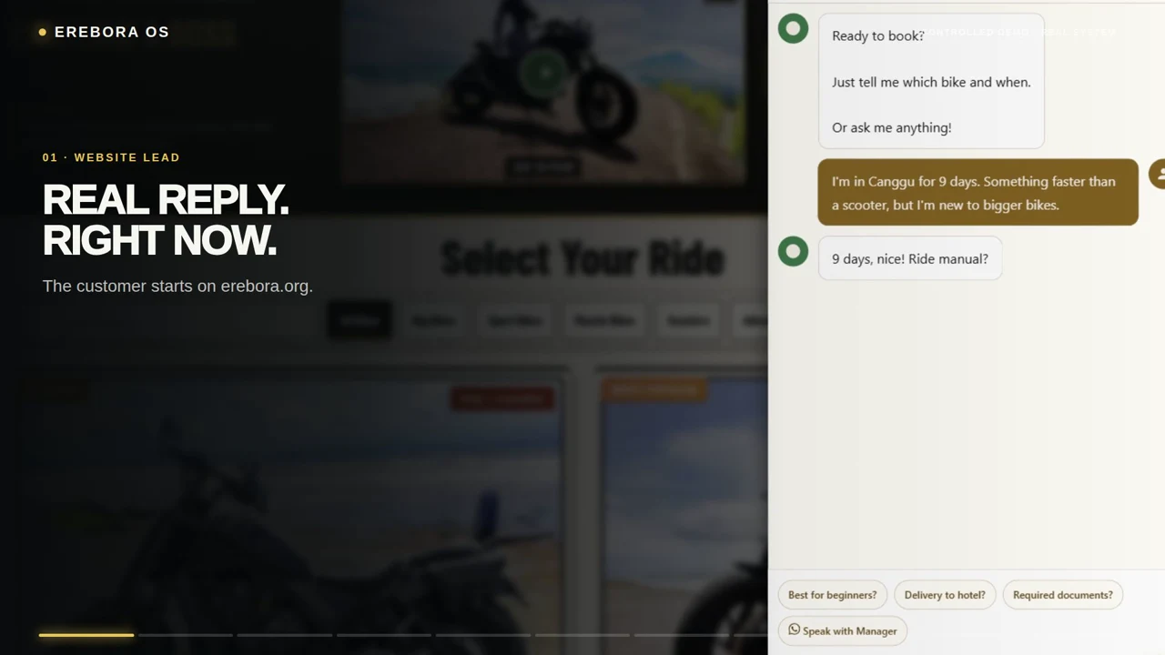 EREBORA website conversation showing an immediate answer to a nine-day motorcycle inquiry