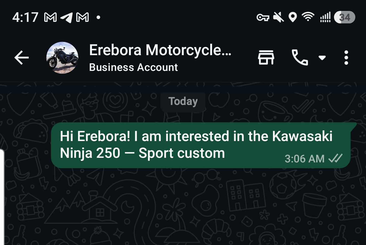 Real native WhatsApp screen showing an inquiry to the EREBORA business account for the Kawasaki Ninja 250