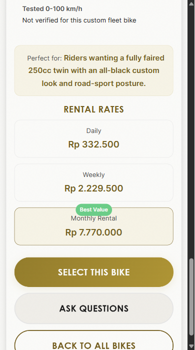 Real EREBORA Kawasaki Ninja 250 page showing current rental rates and the select and ask questions actions