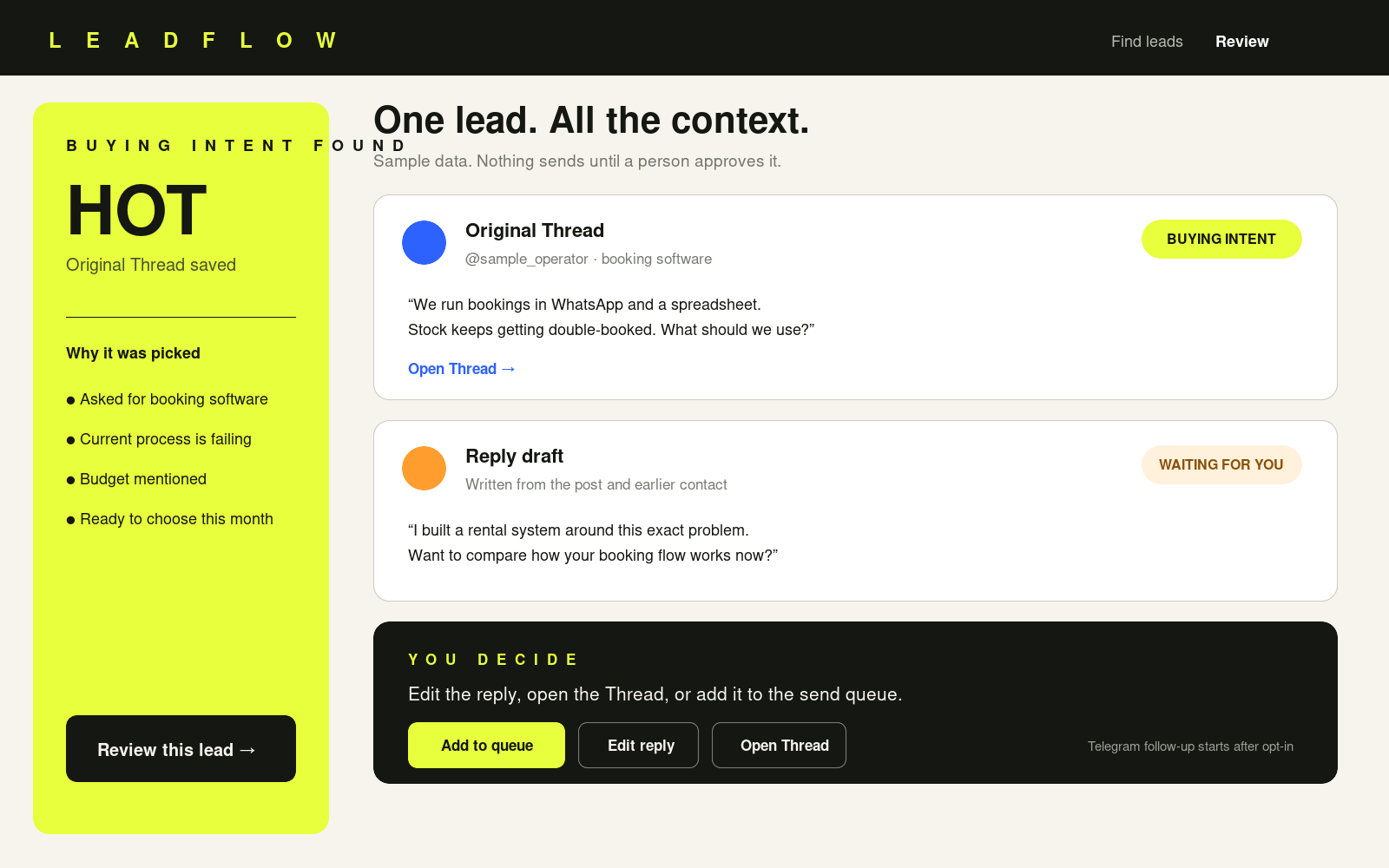 Threads Leadflow CRM sample review with the original post, buying reason, reply draft, and approval controls